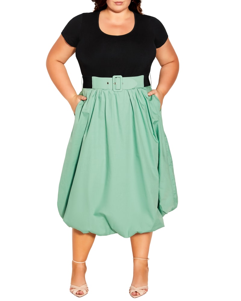 Front of a model wearing a size XXS Paris Day Dress in Black / Sage Green by City Chic. | dia_product_style_image_id:235874